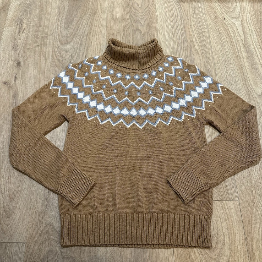 J.Crew Fair Isle Turtleneck Sweater Sz‎ Small Camel Brown Nordic Cotton Knit - Picture 2 of 8